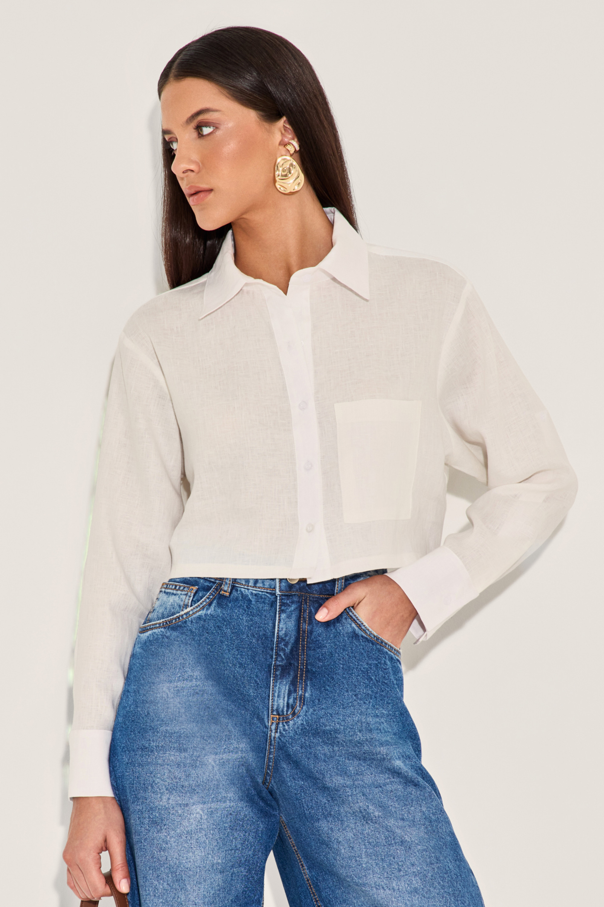 Camisa Cropped Linho Belly Branco