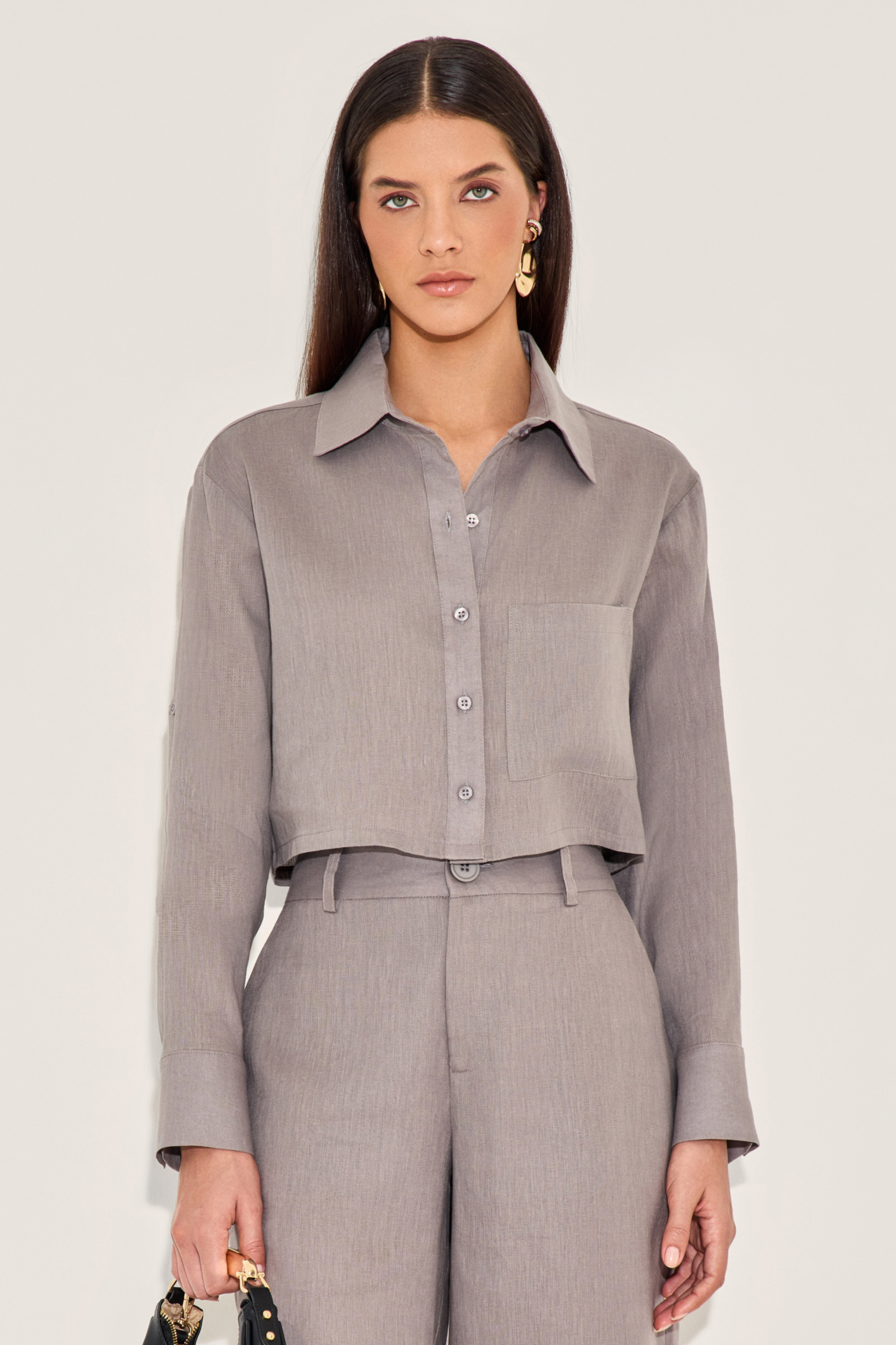 Camisa Cropped Linho Belly Cinza