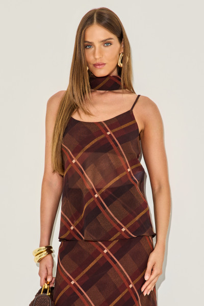 Blusa Crepe Xadrez Lana Marrom 